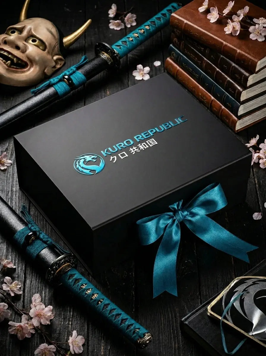Black box with 'Kuro Republic' logo surrounded by samurai swords and cherry blossoms on a dark surface