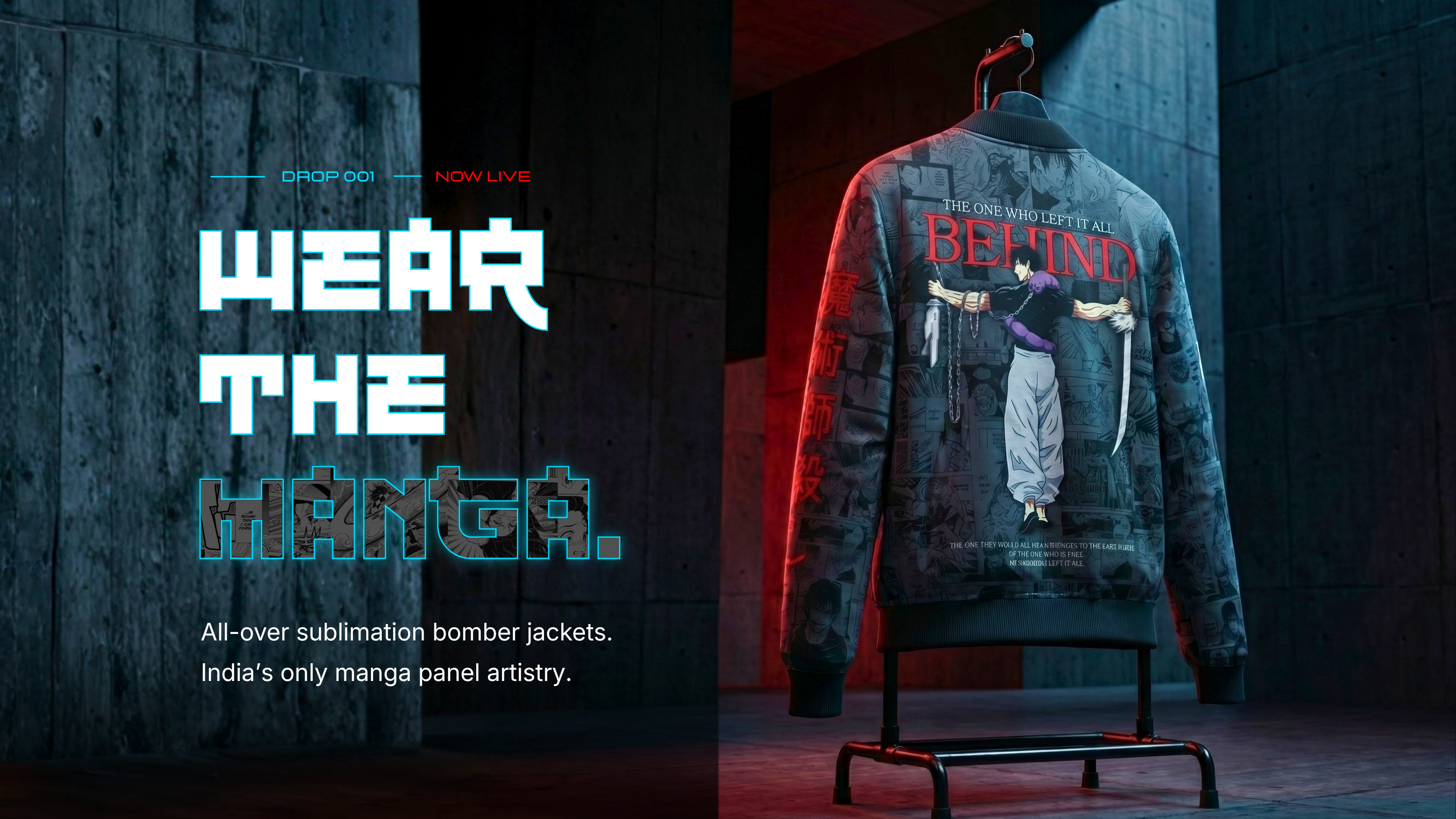 Bomber jacket with manga panel artistry on a stand against a dark background.