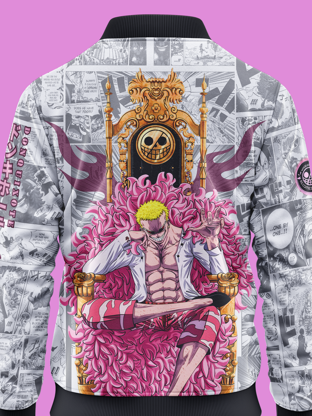 Doflamingo jacket with a character on a throne design on a pink background
