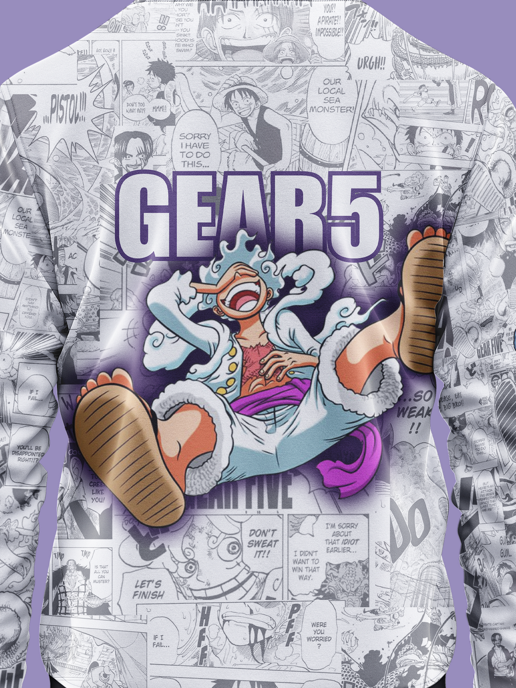 Luffy jacket with 'GEAR5' design on a comic book style background