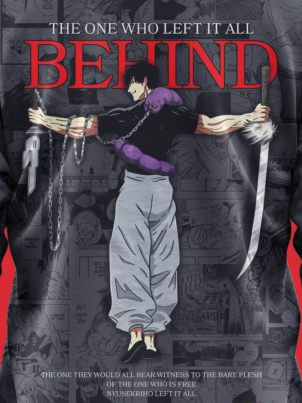 Fushiguro jacket of 'The One Who Left It All Behind' with an illustration of a person bound by chains against a dark background.
