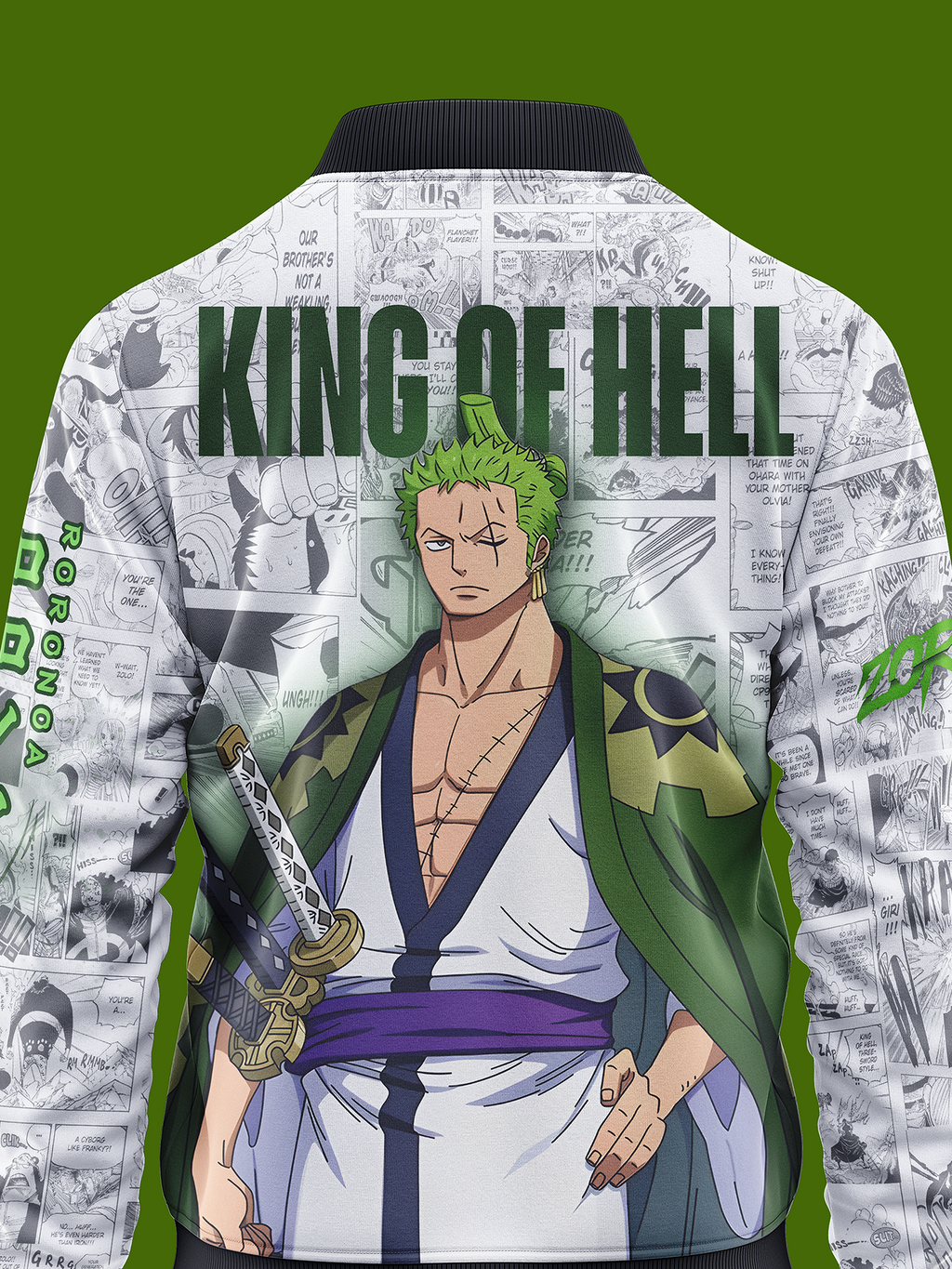Zoro jacket with anime character design and 'King of Hell' text on a green background