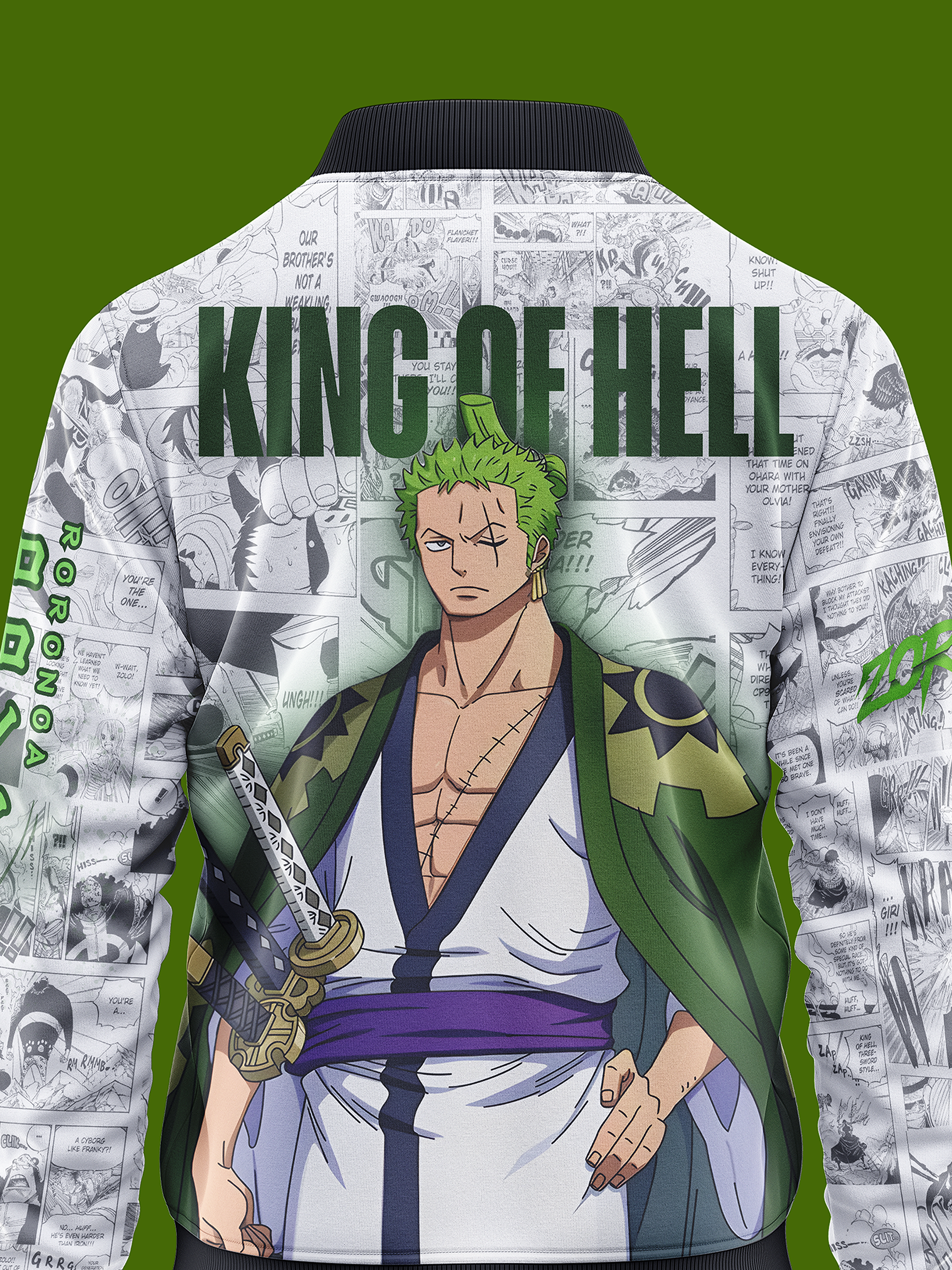 Zoro jacket with anime character design and 'King of Hell' text on a green background